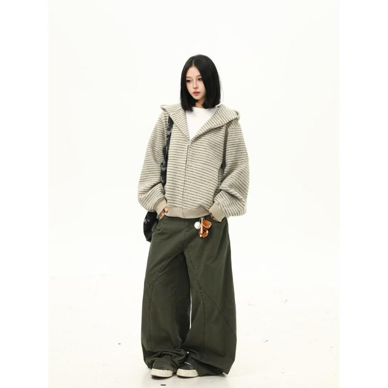 Unisex Oversized Striped Zip-Up Hooded Sweatshirt Casual Loose Fit Pullover Men Women