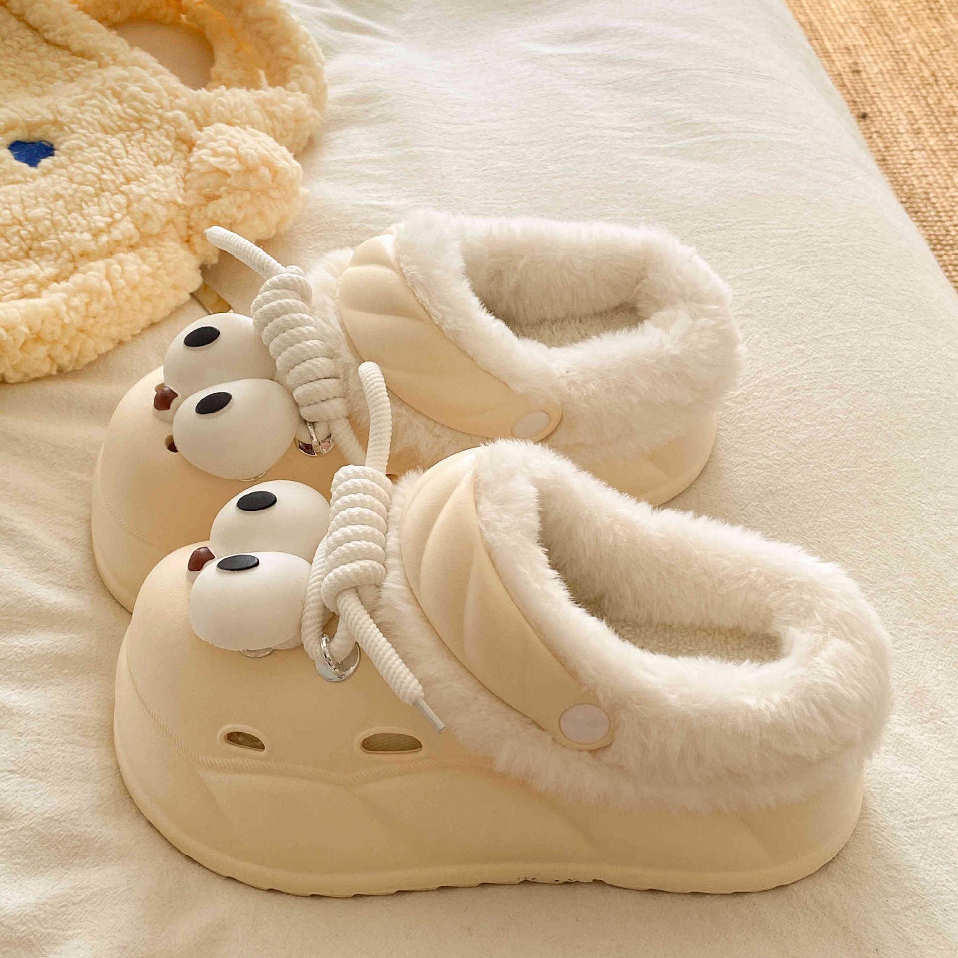

Winter 2025 Cute Cotton Slippers with EVA Thick Sole: Height-Boosting, Comfortable, Versatile, Warm & Removable Cartoon Design Size 36-37, Inner Length ~22.5cm бежевый