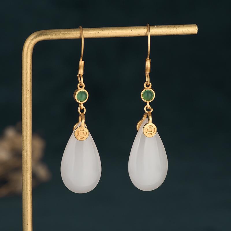 Chinese-Style Hanfu Cheongsam Chalcedony Tassel Earrings - Imitation Jade Retro Dangle for Women