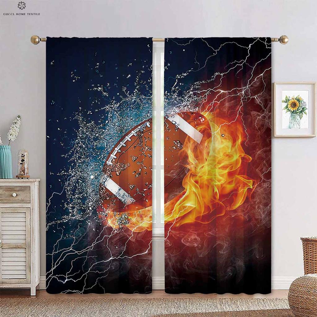 Football Rugby in Wasser und Feuer 3D-gedruckter Stangendurchzugsvorhang Schlafzimmer Wohnzimmer Küche Dekovorhang 2 Stück