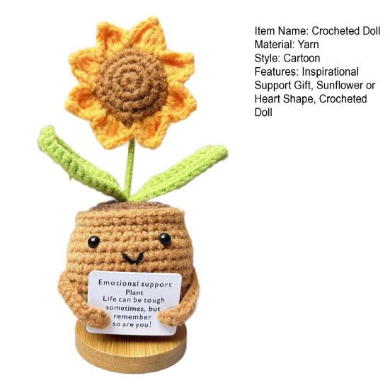 Crocheted Sunflower Doll Emotional Inspirational Support Potted Plant Doll Handmade Inspirational Doll with Positive Card for Cheer Up Gift Home Decor