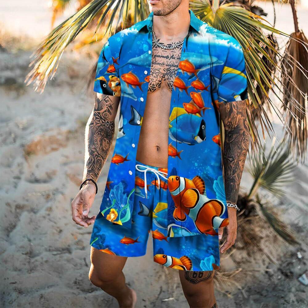 

Пляжный гавайский комплект с принтом, мужские шорты, 3D-принт, свободная повседневная пляжная рубашка с короткими рукавами, модный праздничный комплект из двух предметов XL