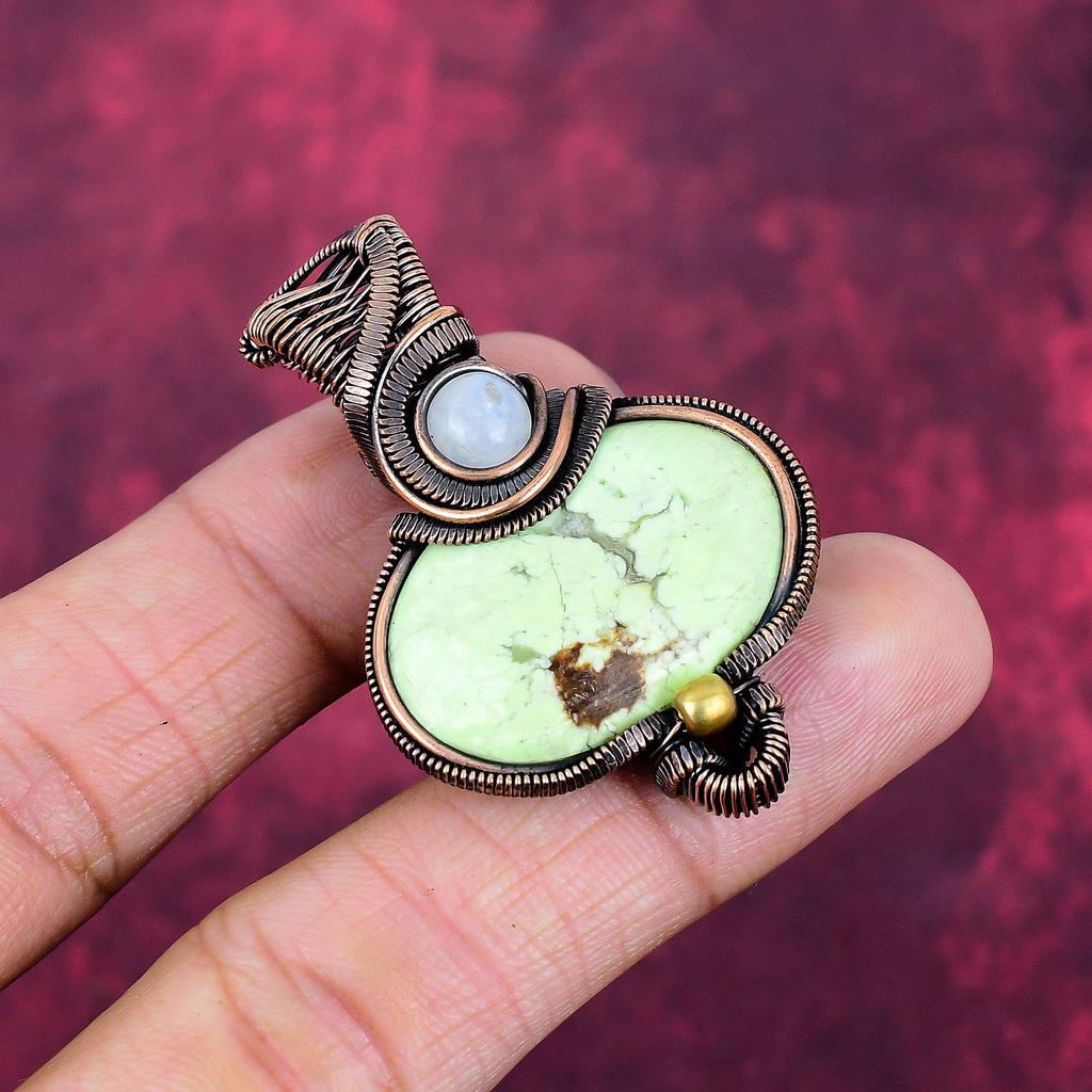 Lemon Chrysoprase Pendant Rainbow Moonstone Pendant Copper Wire Wrapped Pendant