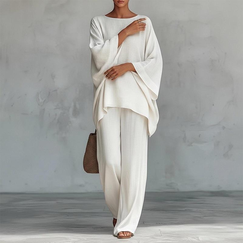2026 spring new women's clothing, Europe, America and Amazon cross-border, fashionable solid color loose bat sleeve trousers two-piece set