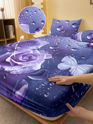 1 Simple Modern Plant Flower Purple Rose Digital Printed Frosted Fitted Sheet,bedroom Printed Bed cover,bedding(No Pillowcase)