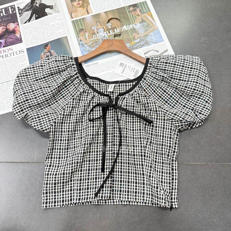 

Foreign Trade Order 8 + Seconds Art Style Small Short Large U-Neck Puff sleeve Plaid Short Jacket Temperament Retro Plaid Shirt Black and White Plaid Tops M
