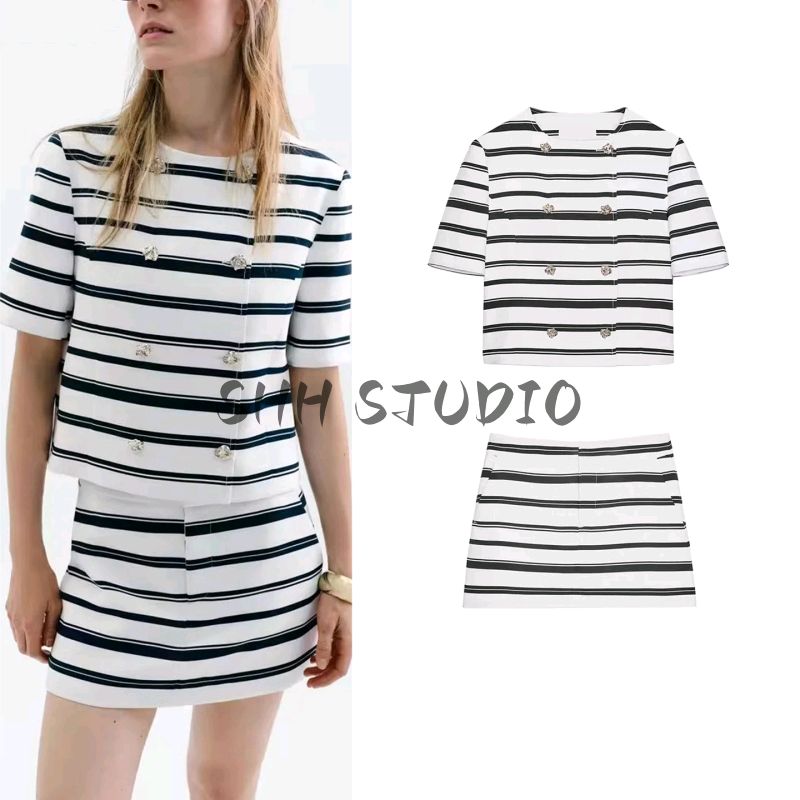Short Sleeve Stripes Casual Suit Jacket 3607345 Pocket Decoration High Waist Girly Style Pantskirt 3604345