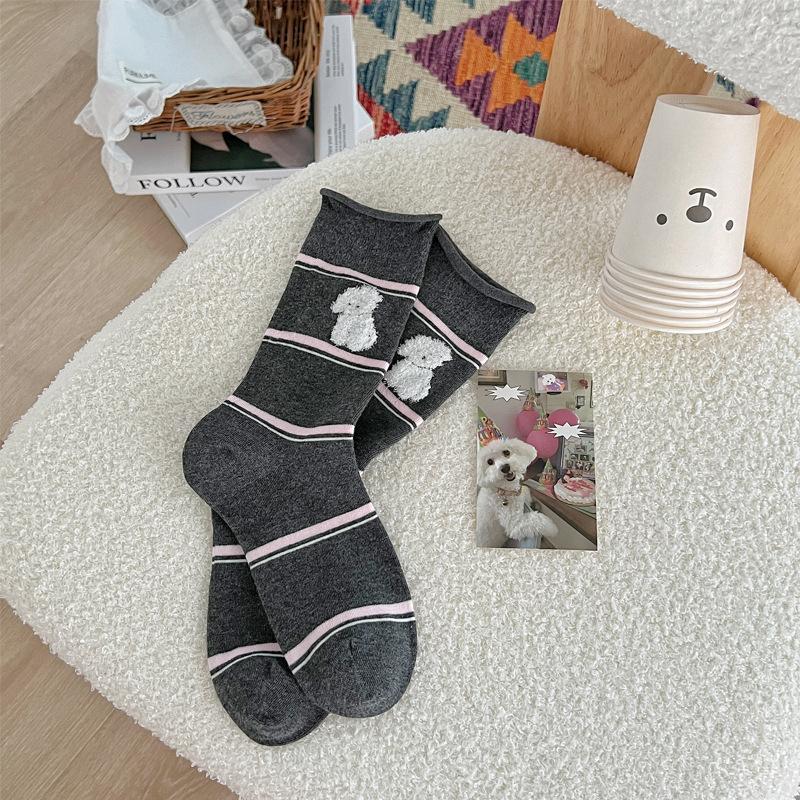 

Милые мультяшные гольфы до середины икры для девочек, полосатые гольфы с отворотами в стиле колор-блок, бесшовные носки 1 pair темно серый