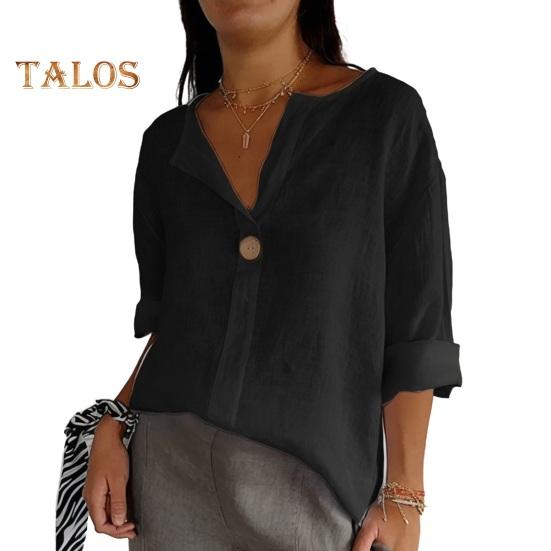 

Женские топы с V-образным вырезом, застегивающиеся на пуговицы, с рукавом четверть длины, однотонные свободные топы-рубашки для работы и путешествий, повседневная одежда XXXXL чёрный