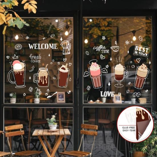 Bubble Milk Tea Window Cling Cafe Milk Tea Static Stickers Removable PVC Boba Tea House Decals for Milk Tea Shops Coffee Shops Bakeries