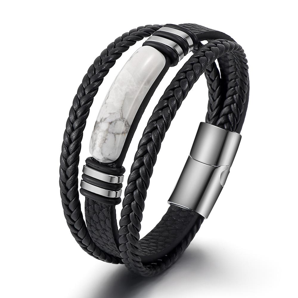 Tiger Eye Stone Multilayer Braided Leather Rope Men's Bracelet Bangles Stainless Steel Jewelry Accessory