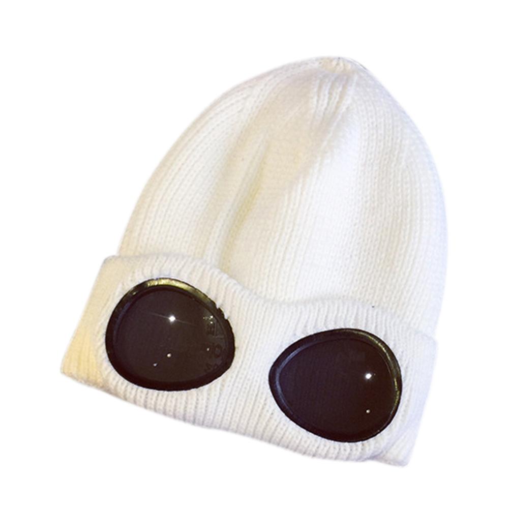 Warm Woolen Yarn Skiing Hat with Fake Windproof Glasses Stylish Knitted Cap New Year Christmas Gift