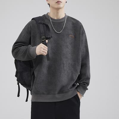 Thickened Heavy Sweater Men'S Autumn And Winter Trendy Brand Washed Japanese Retro Suede Embroidered Casual Long-Sleeved Top