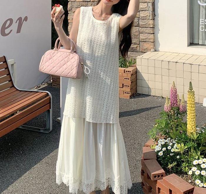 2026 Summer Flattering Lace Patchwork Vest Dress for Curvy Figures - French Style