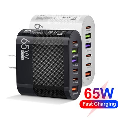 USB C Charger Total 65W PD Type C Quick Charge Fast Charging Power Muti 6 Ports Mobile Phone Wall Adapter for Samsung S23 iPhone