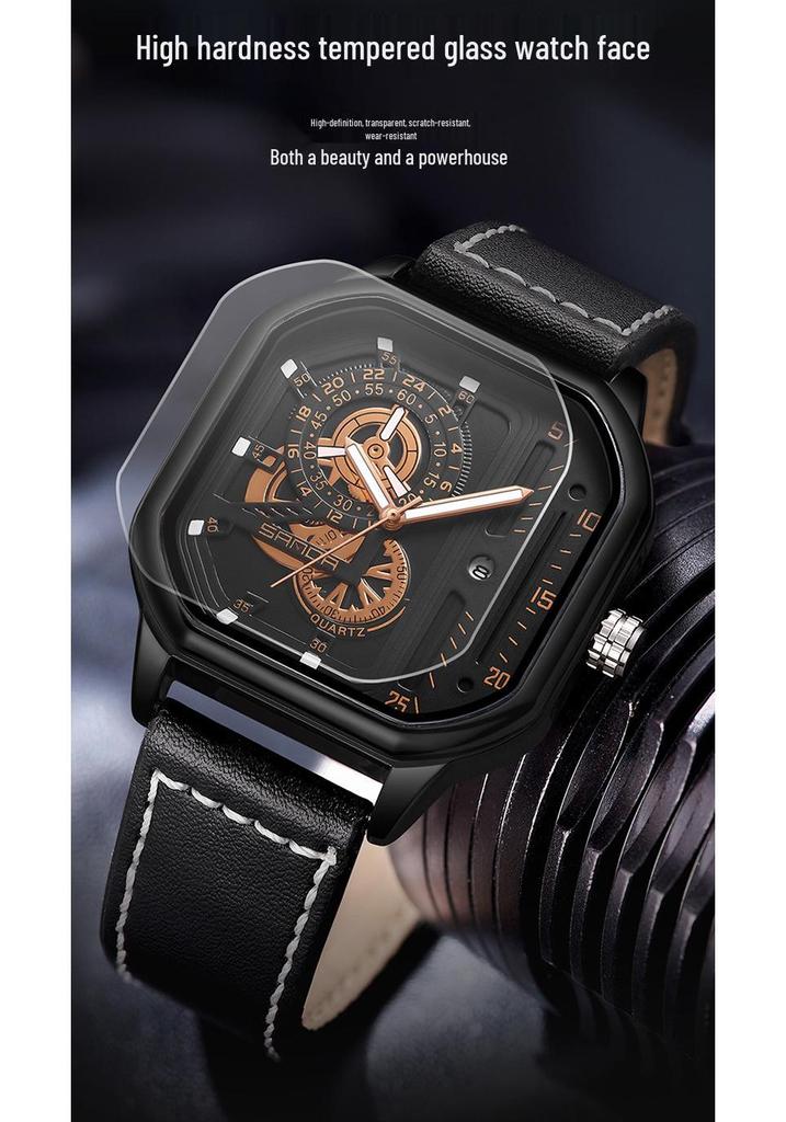 Sanda Men's Alloy Square Watch with Calendar, 30m Waterproof, Leather Strap, Luminous Quartz.