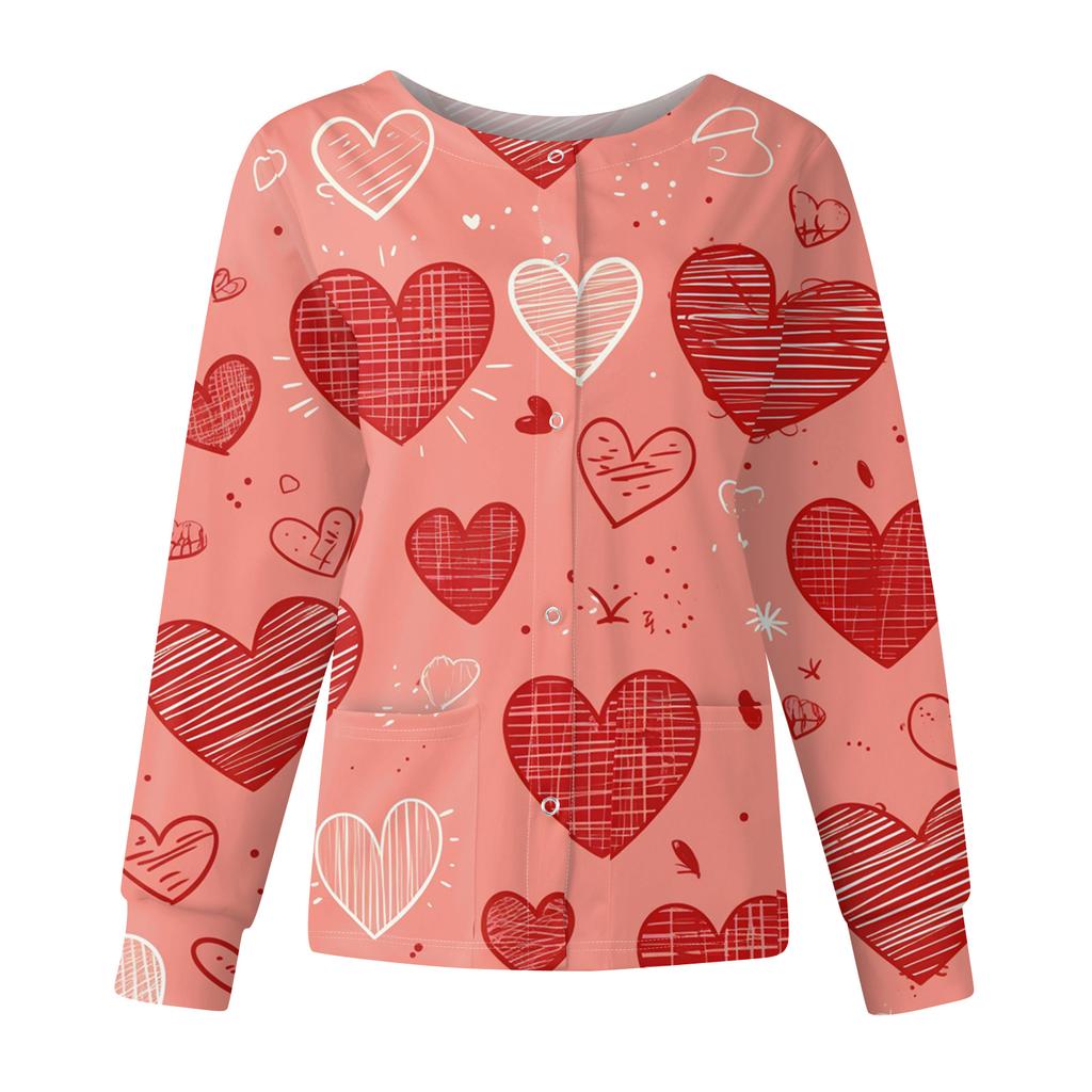 Women's Casual Fashion Long Sleeve Standing Collar Single Breasted Valentine's Day Print Workwear Jacket Tops