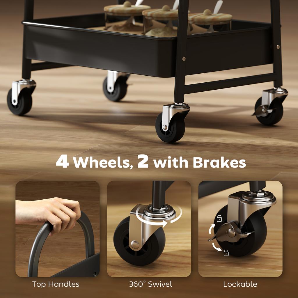 3 Tier Kitchen Storage Trolley With On Wheels Cover Top Board Rustic Brown And Black