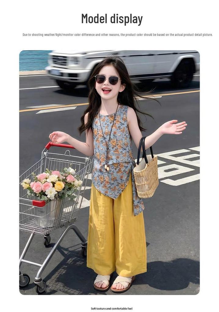 Mädchen-Tanktop mit Blumenmuster, ärmellos, und Hose mit weitem Bein, Set (Sommer 2026) - Stylisches zweiteiliges Set für ältere Kinder