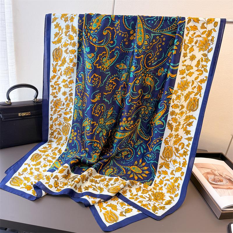 Printed Imitation Silk Brocade Fashion Sunscreen Retro Style Silk Scarf Long Scarf Shawl Versatile Headscarf Scarf