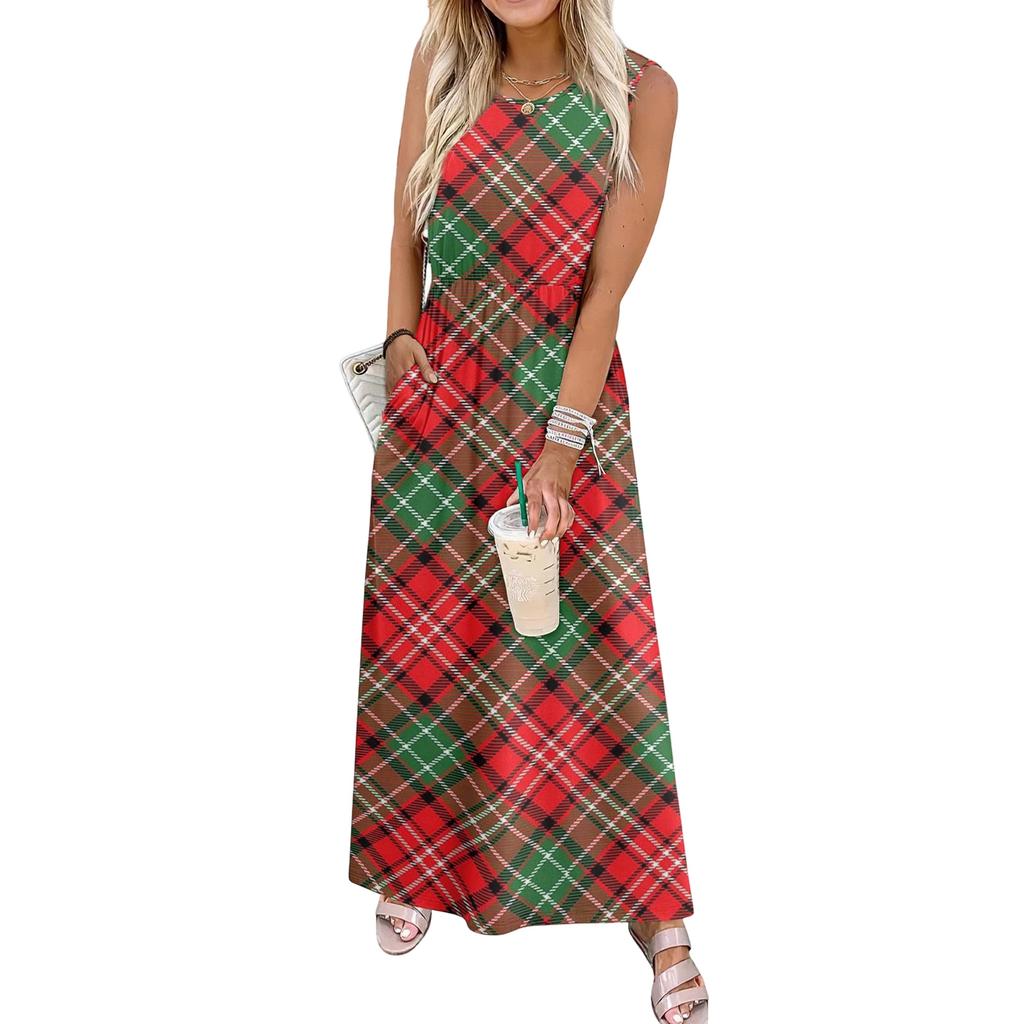 Ladies' Plaid Printed Casual and Fashionable Waist Cinched Sleeveless Dress