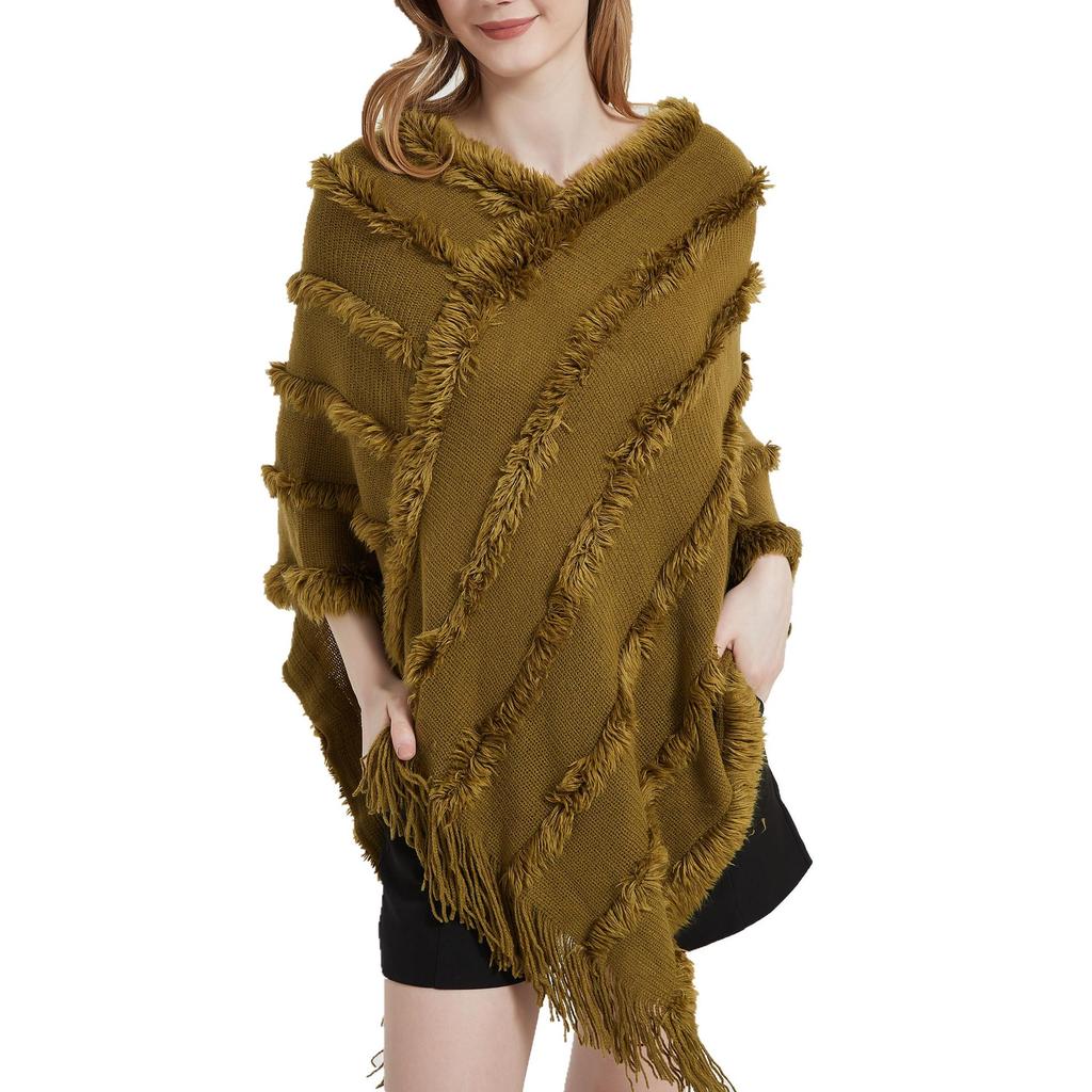 Spring Autumn Winter V-neck Solid Color Knitted Plush Shawl - European & American Style