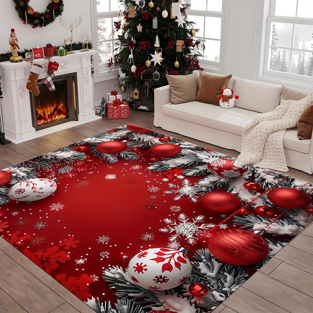 Christmas Snowflake Ornament Red White Area Rug, Cozy Holiday Home Decor Mat for Living Room Entryway Festive Style