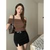 Ins Off-the-shoulder Sexy Hottie Pure Desire One-word Collar Short-sleeved T-shirt for Women's Summer Slim-fitting and Thin Bottoming Top for Women
