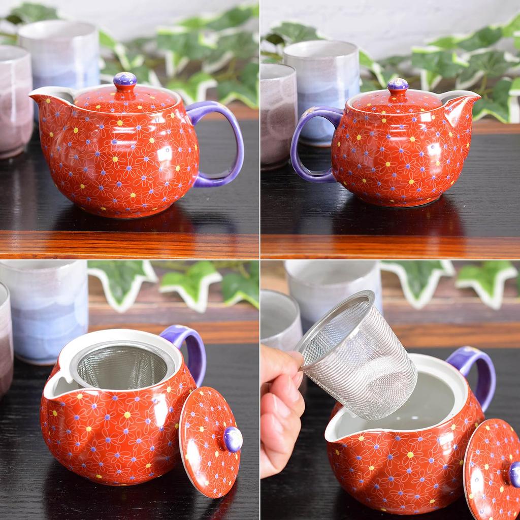Stylish Kutani ware teapot with a vermilion arabesque pattern. Made in Japan. Includes tea strainer.