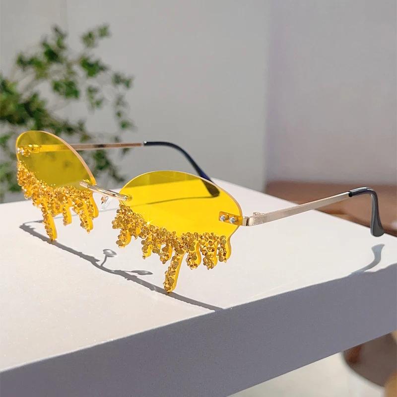 Rimless Tear Shaped Sunglasses with Rhinestones Women Fashion Decorative Shades Trendy Stylish Design Rave Sun Glasses