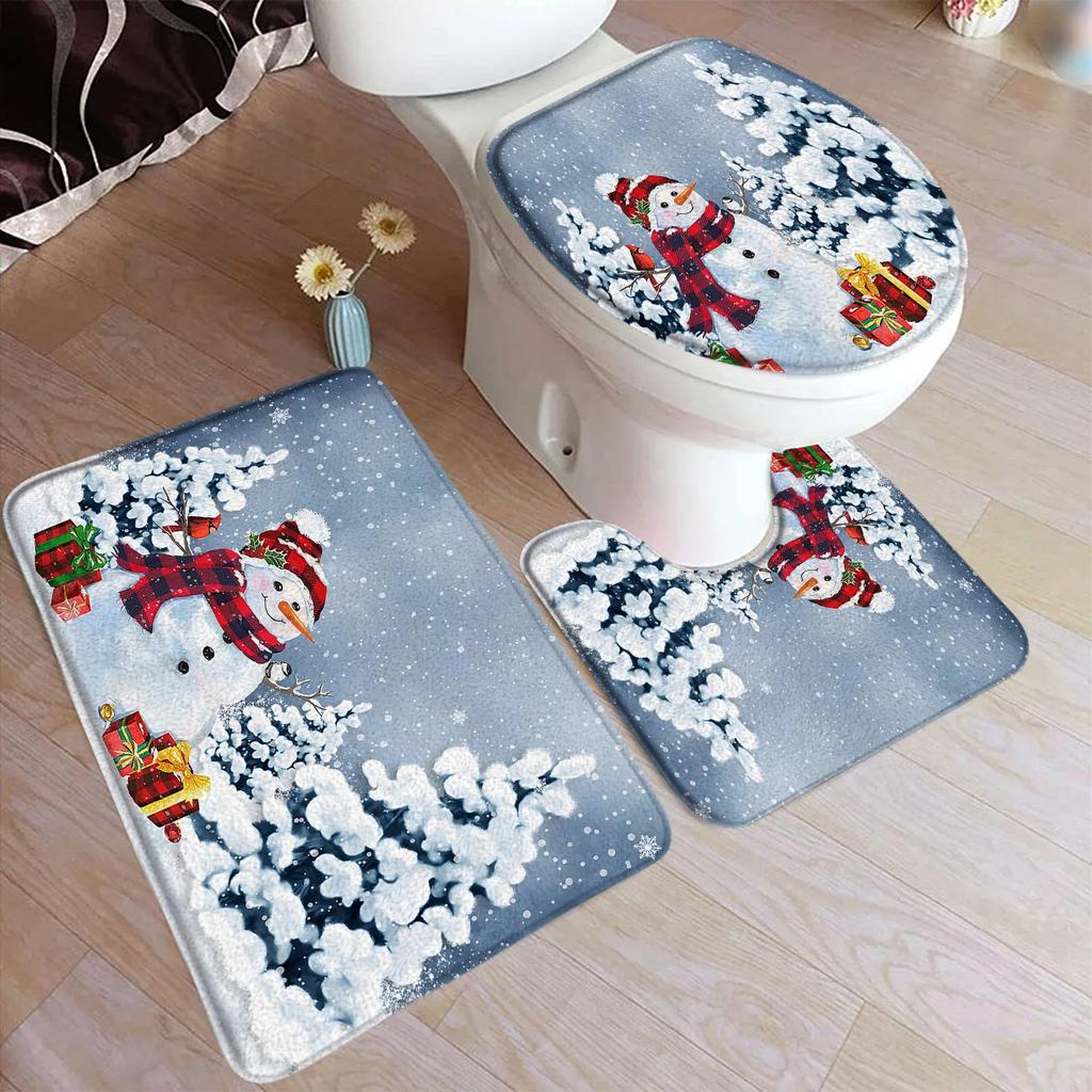 Red Christmas Shower Curtain Set Green Pine Branches Rope Ball Winter New Year Xmas Bathroom Decor Rug Bath Mat Toilet Lid Cover