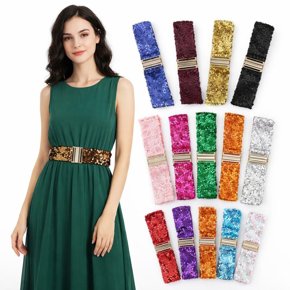 Cintura Elastica con Fibbia Dorata a Disco, Lurex e Paillettes, 60cm, da Donna, Fashion, Lucida, per Abiti
