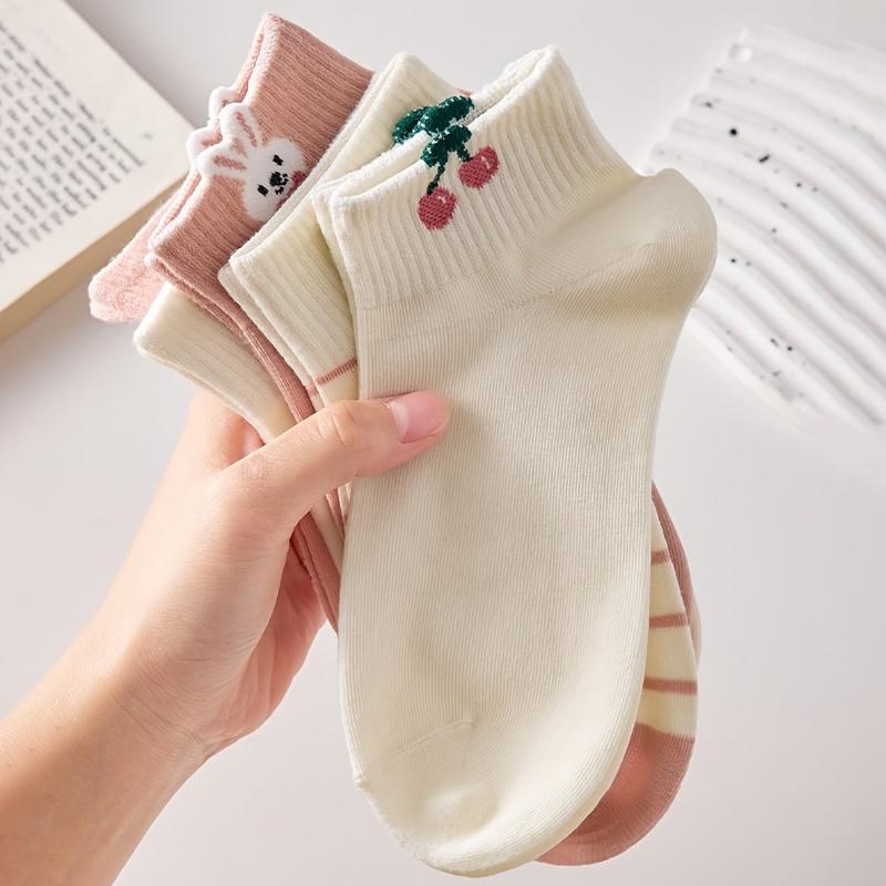 5 Pairs Women's Short Rib-Socks/Pink Cherry Strawberry Bunny Pattern/Comfortable Breathable Casual Street Style/Fruit