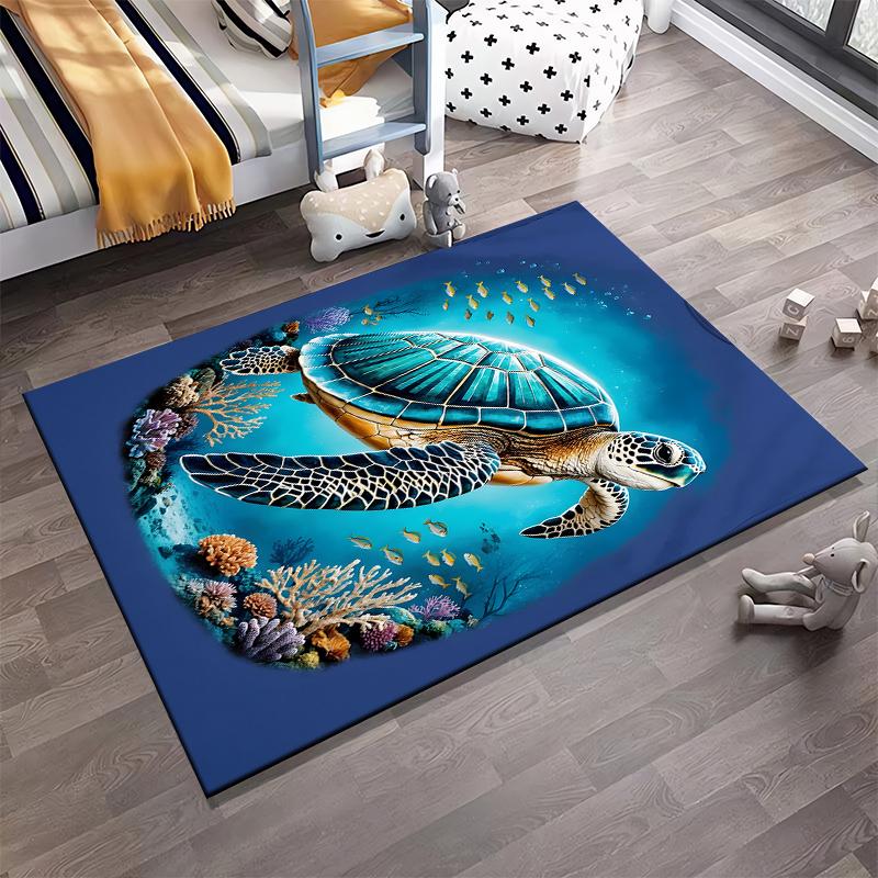 Sea Turtle Coral Reef Design Carpet, Blue Underwater Ocean Theme Rug Suitable for use as an anti-slip for living room bedroom sofas