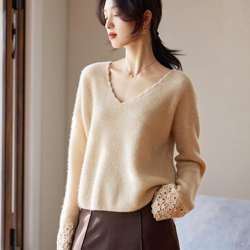 Women's Korean V-Neck Wool Knit Sweater - Autumn/Winter 2025, Soft Loose Fit.