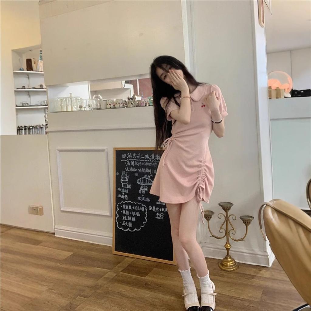 Cherry POLO lapel dress spring summer college milk sweet babes drawstring pleated waist small first love skirt