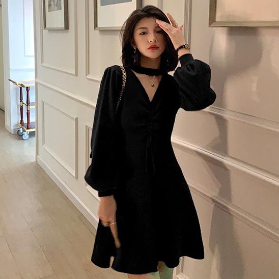 

Плюс размер женщин тонкий темперамент висит шеи и талии трикотажное платье 3XL чёрный