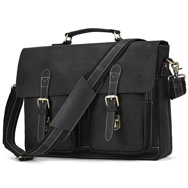 Fashion Retro large capacity leather mens briefcase top layer leather laptop bag crazy horse skin 15 inch computer Messenger bag