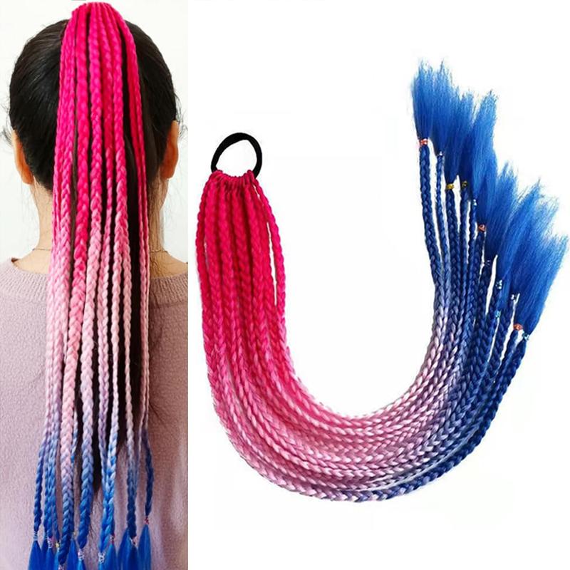 Braided Ponytail Hair Extensions 24 Inch Colorful Box Braids with Rubber Bands Synthetic Hairpieces for Girl  Women Accessories Crazy Hair Day