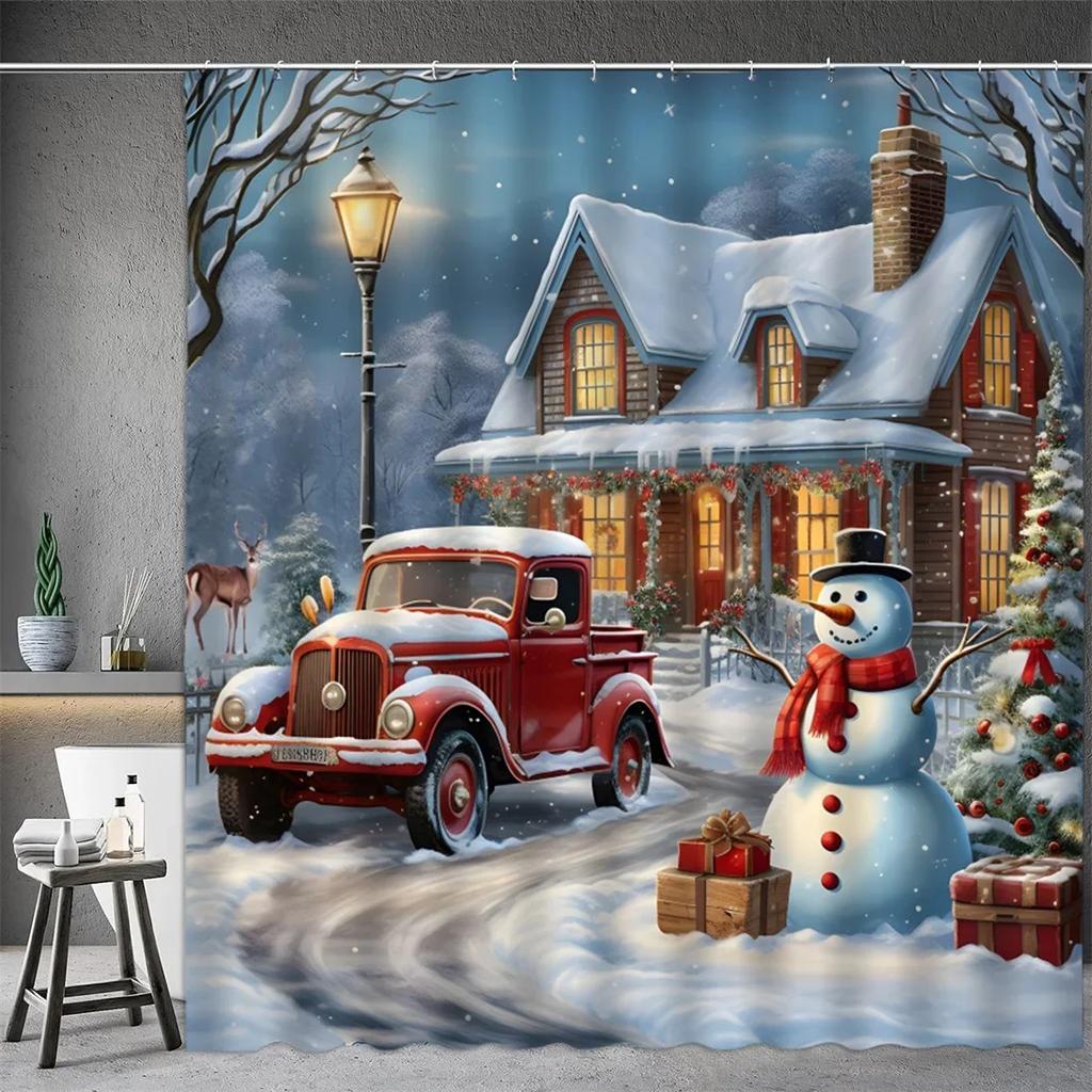 Christmas Shower Curtain, Winter Snowman Santa Claus Snowflake Gnome Farm Truck Berry Christmas Tree Cartoon Bathroom Decorati