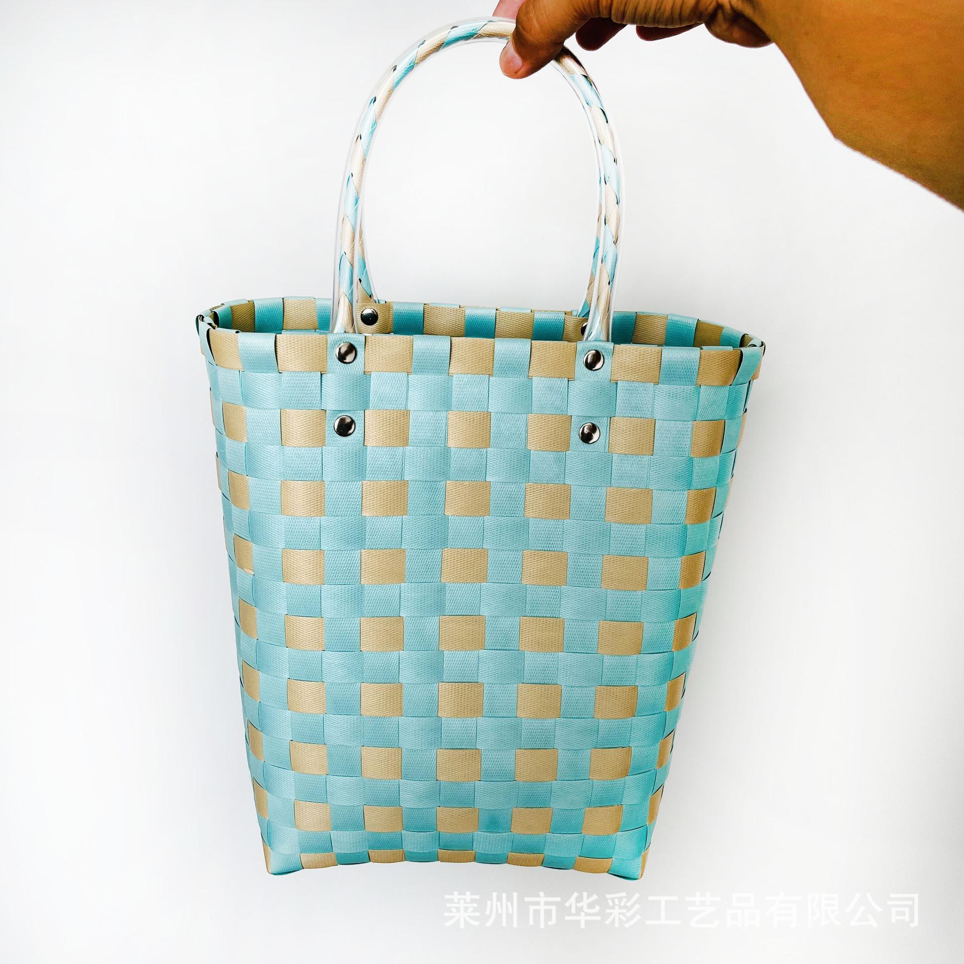 

Summer sea salt blue hand basket plastic woven bag Hello Kitty vertical vegetable basket girl handbag handwoven