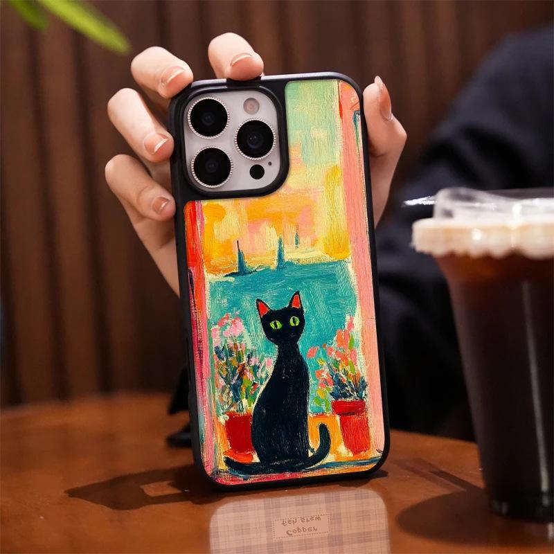 Oil painting sunset black cat for iPhone17promax mobile phone case 15 electroplating 16 matte PC13 art 14 sets