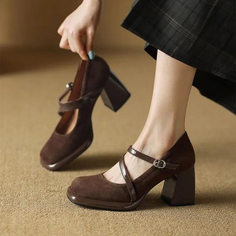 Comfortable Retro French High Heels Women's Chunky Mary Jane Shoes Spring New All-Match Square Head Single Shoes Rubber Sole