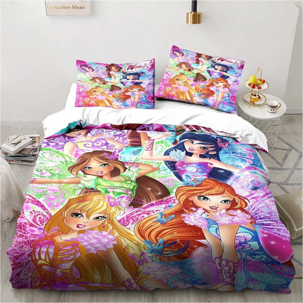Set di biancheria da letto Kawaii Anime Winx Letto a tre pezzi Singolo Doppio King Size Set di letto per adulti e bambini Set copripiumino per bambini Regalo per bambini