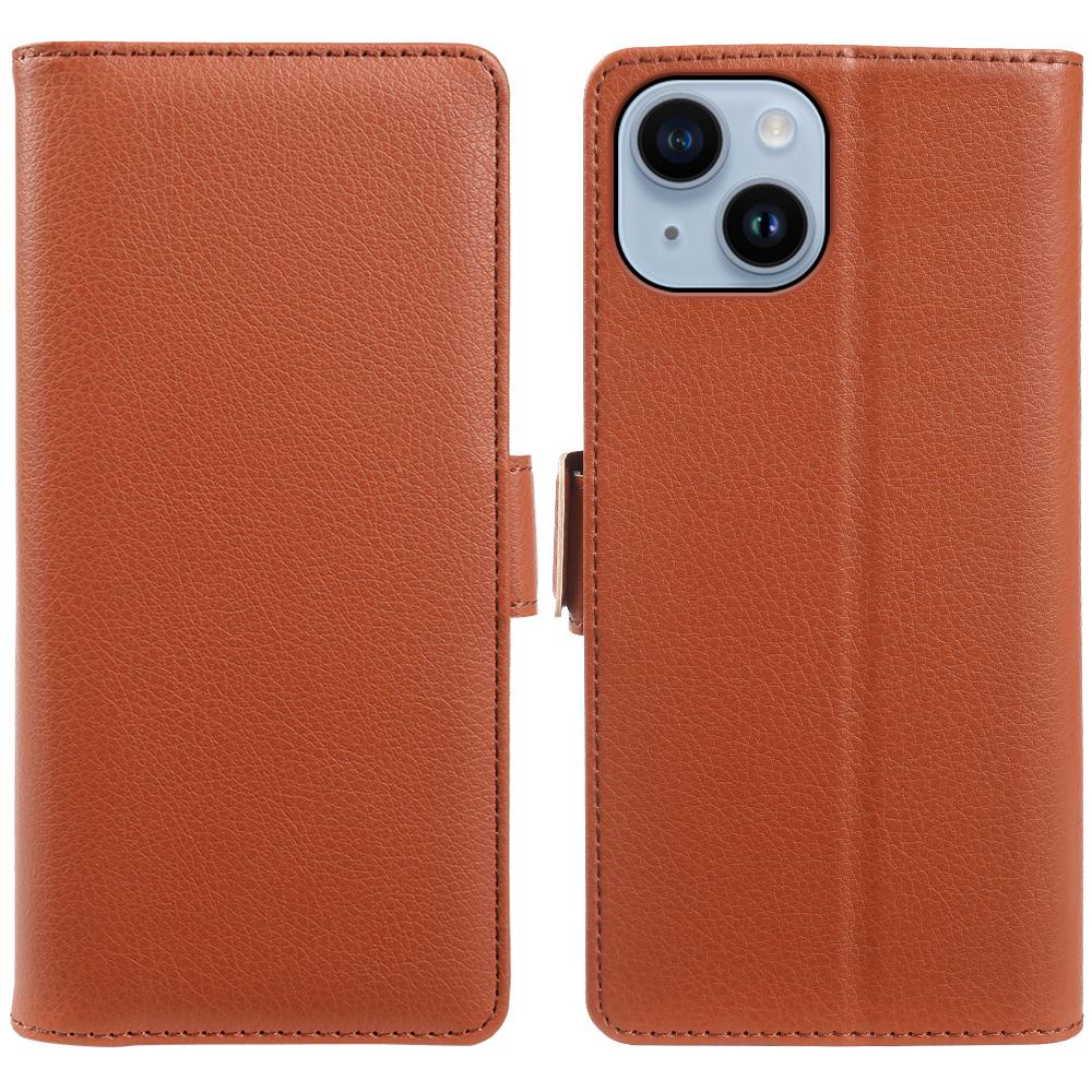 For iPhone 14 Wallet Case with Dual Magnetic Clasp Litchi Textured Leather Flip Stand Phone Cover