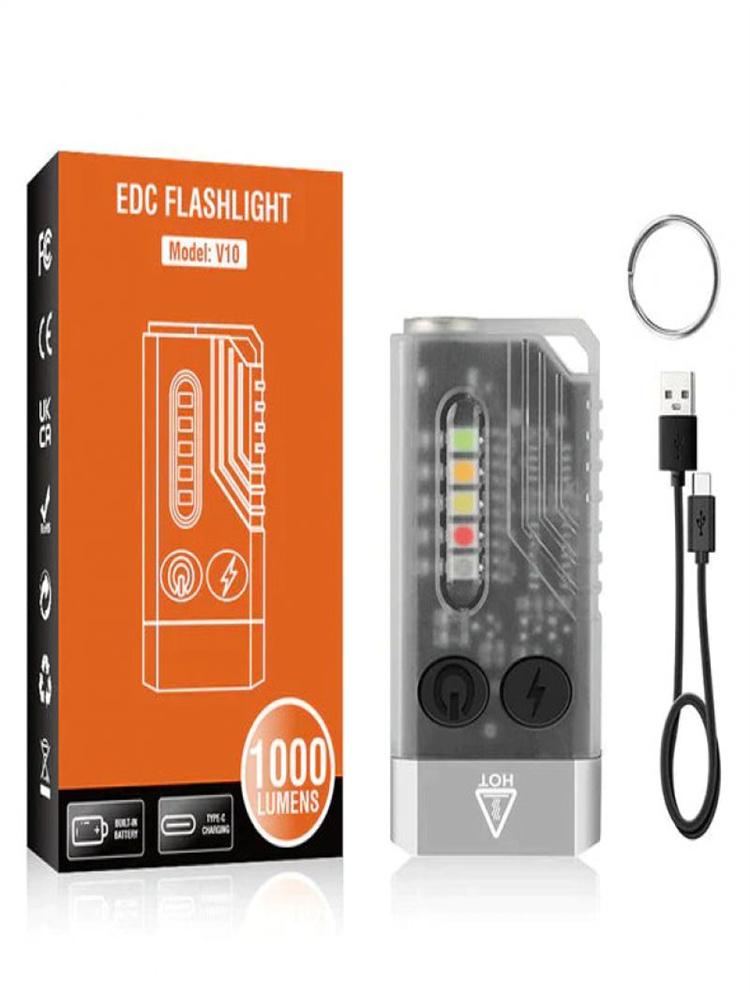 V10 EDC Keychain Flashlight Portable Mini Torch Type-C Rechargeable Work Light With Magnet UV Beep Camping Pocket Lantern
