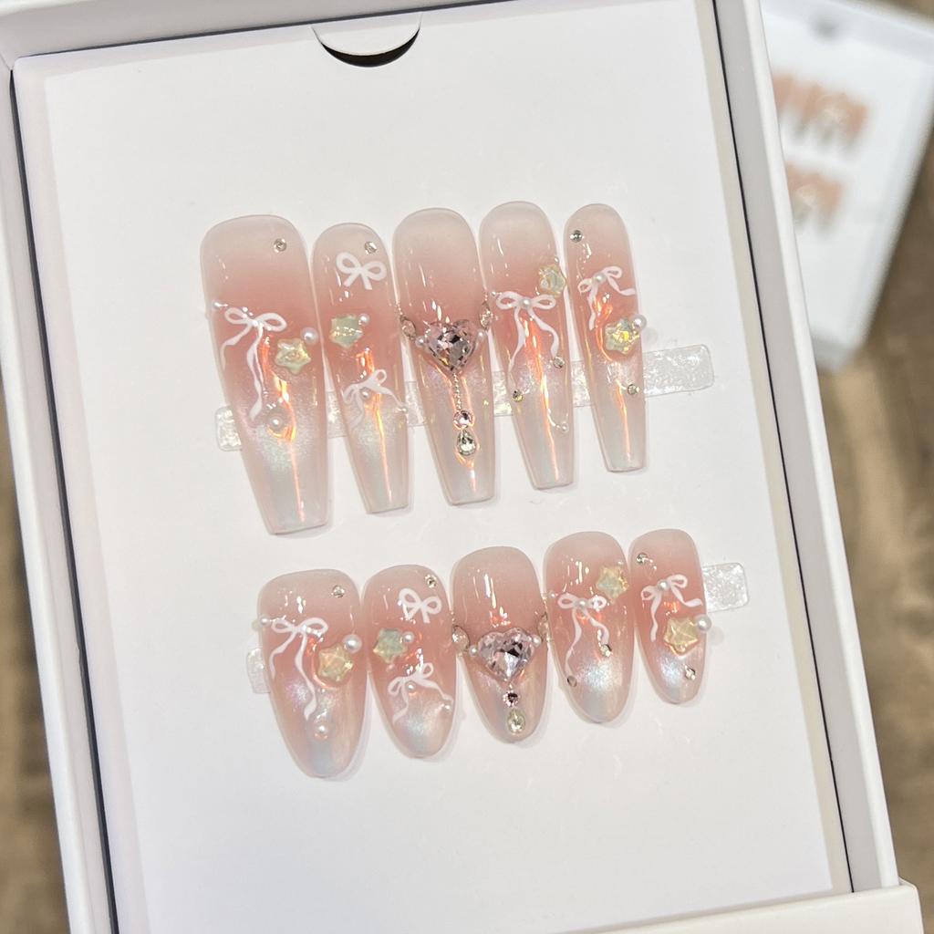 Butterfly Knots Press on Nails Rhinestone Glitter Pearl DIY Artificial Nails French Style Design Fake Nails