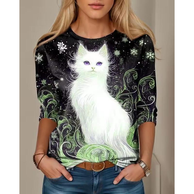 Women's T-shirt 3D Bell Kitten Print Fashion Long Sleeve Round Neck Regular Top Holiday Weekend Spring and Autumn
