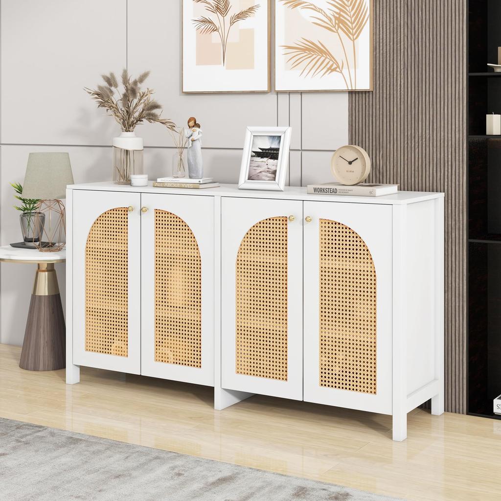 Sideboard with 4 Rattan Doors, Modern Buffet Cabinet Multipurpose Cabinet with Ample Storage Space, Adjustable Shelf, Side Cabinet for Living Room/dining Room