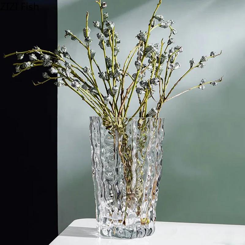 Relief Texture Glass Vase Creative Hydroponic Flower Pot Desk Decoration Artificial Flower Decorative Floral Arrangement Vases